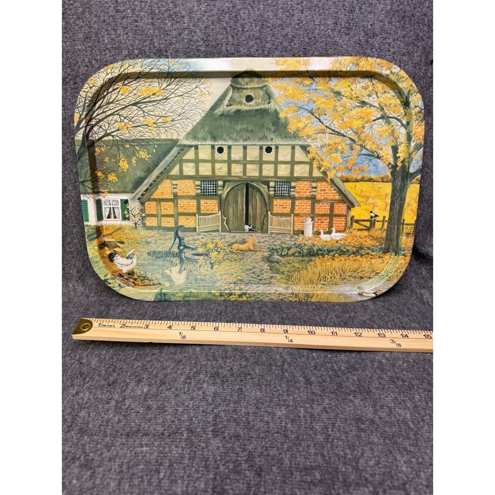 Vintage K&S Design Hamburg Farm Barn Serving Tray Autumn Cottagecore 15 Inch